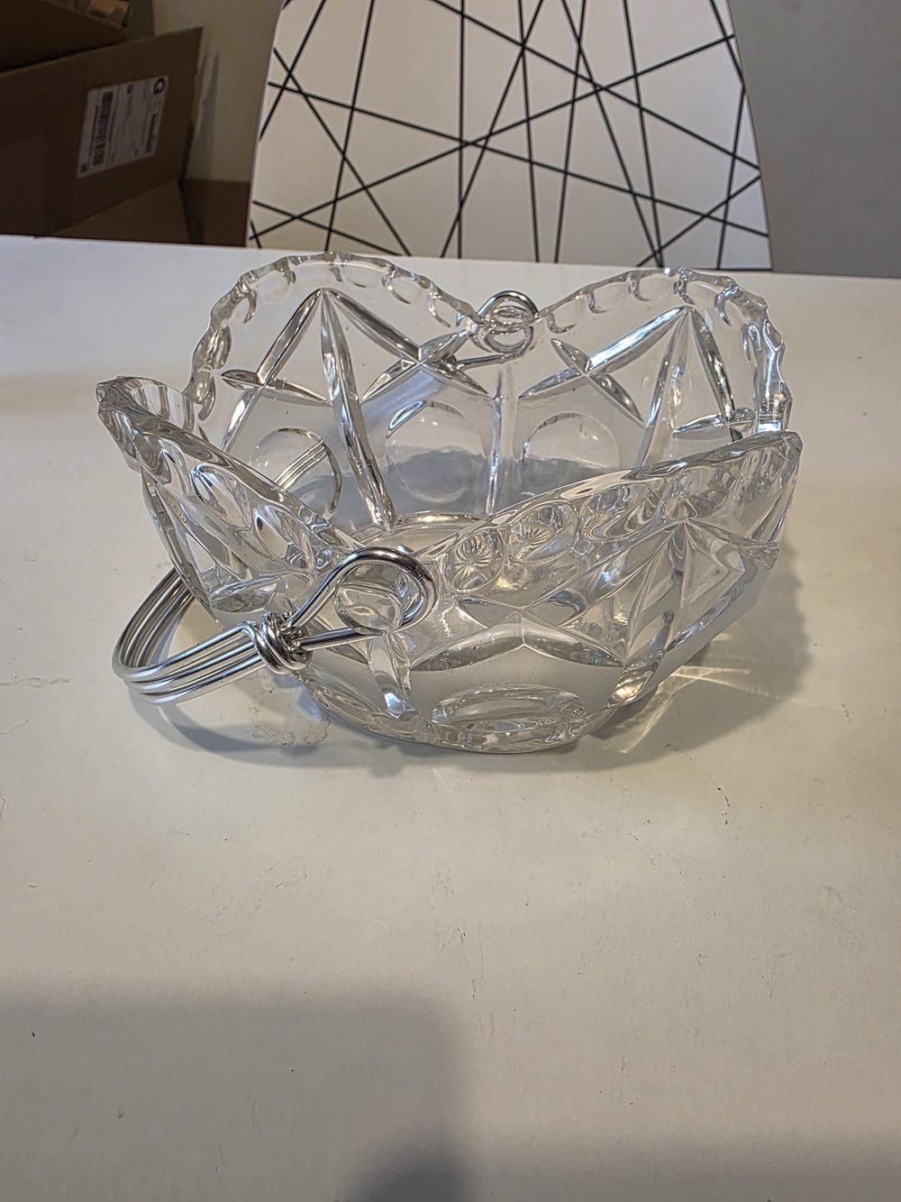 Cut Crystal Glass Basket with Metal Handle - Clear
